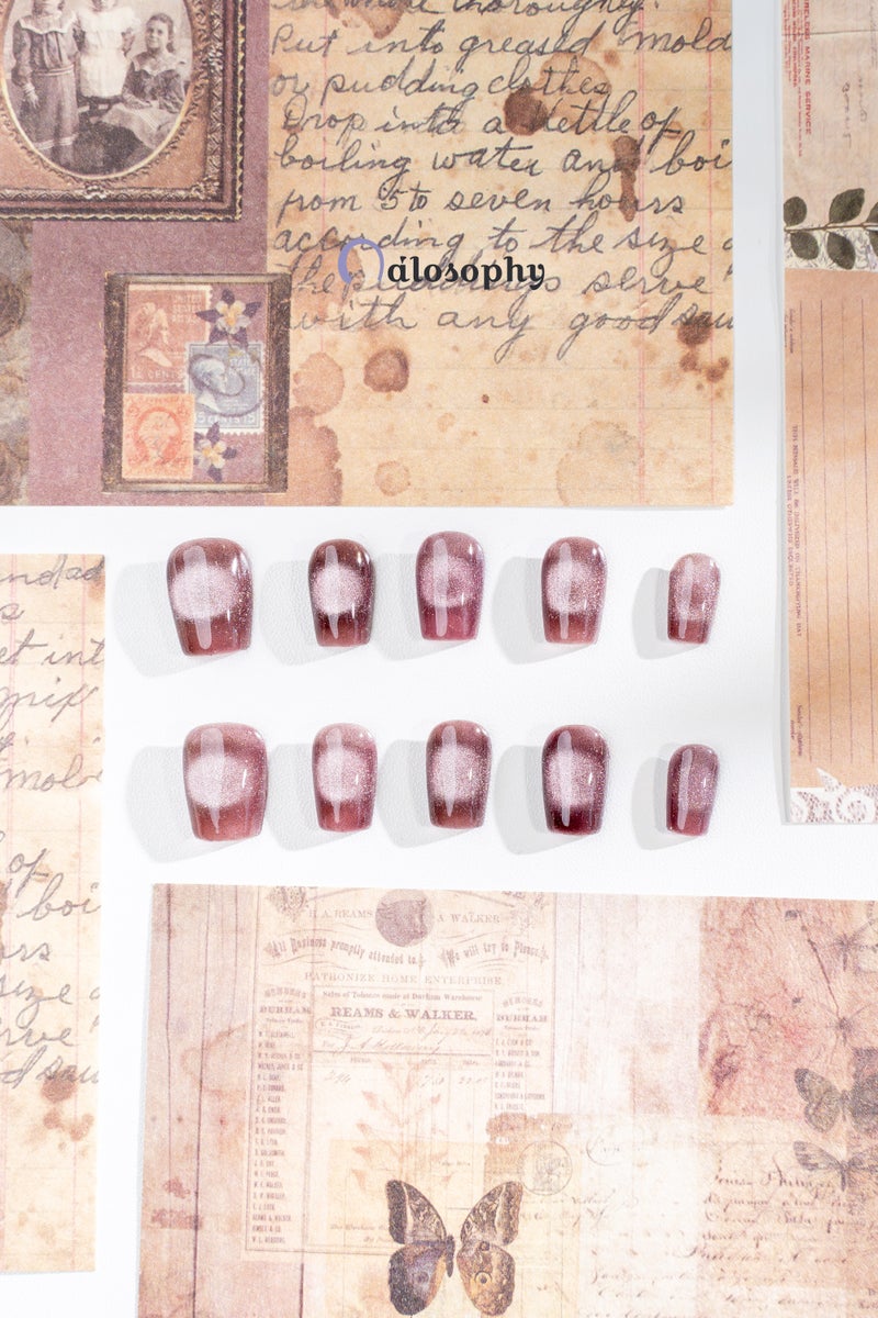 Nailosophy أظافر جل مضغوطة يدوية الصنع مخملية بورجوندي بعيون قطة | شكل مربع - Image 2